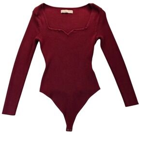 Abercrombie & Fitch Womens Ribbed Sweetheart Neck Bodysuit L Burgundy Grunge